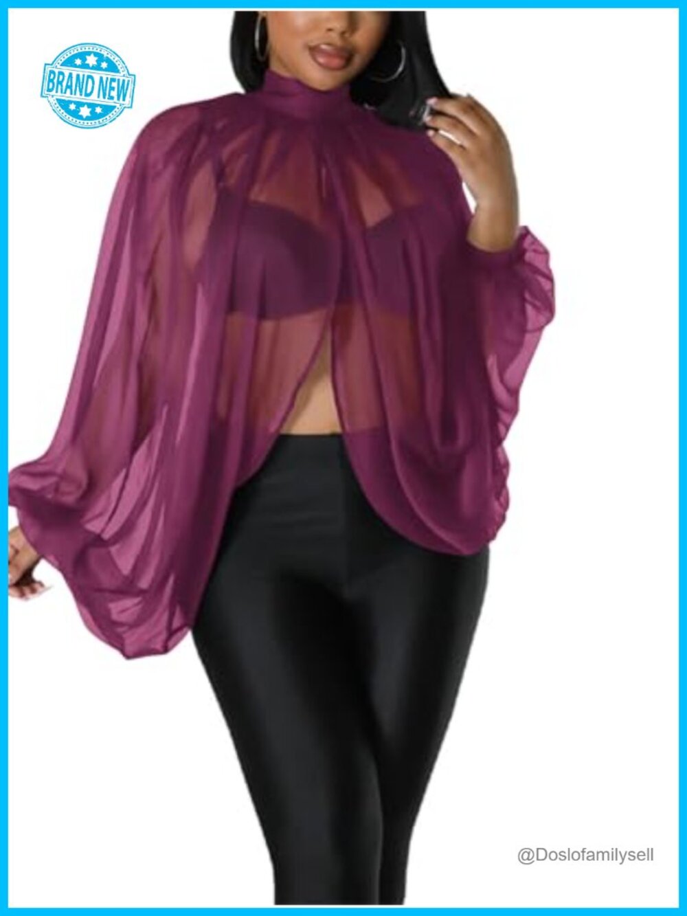 Batwing Sleeve Chiffon Blouse Open Back Mock Neck Top